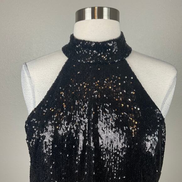 Betsy & Adam Sequined Halter Sleeveless Mini Sheath Cocktail Dress Black Size 6 - Picture 7 of 13